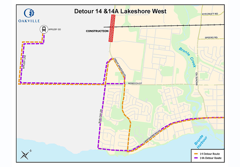 Route 14/14 Detour Map - Summer 2024. Stops on Burloak Drive north of Michigan Drive will be closed, as will stops on Wyecroft Road, Harvester Road and Appleby Line north of Appleby GO.